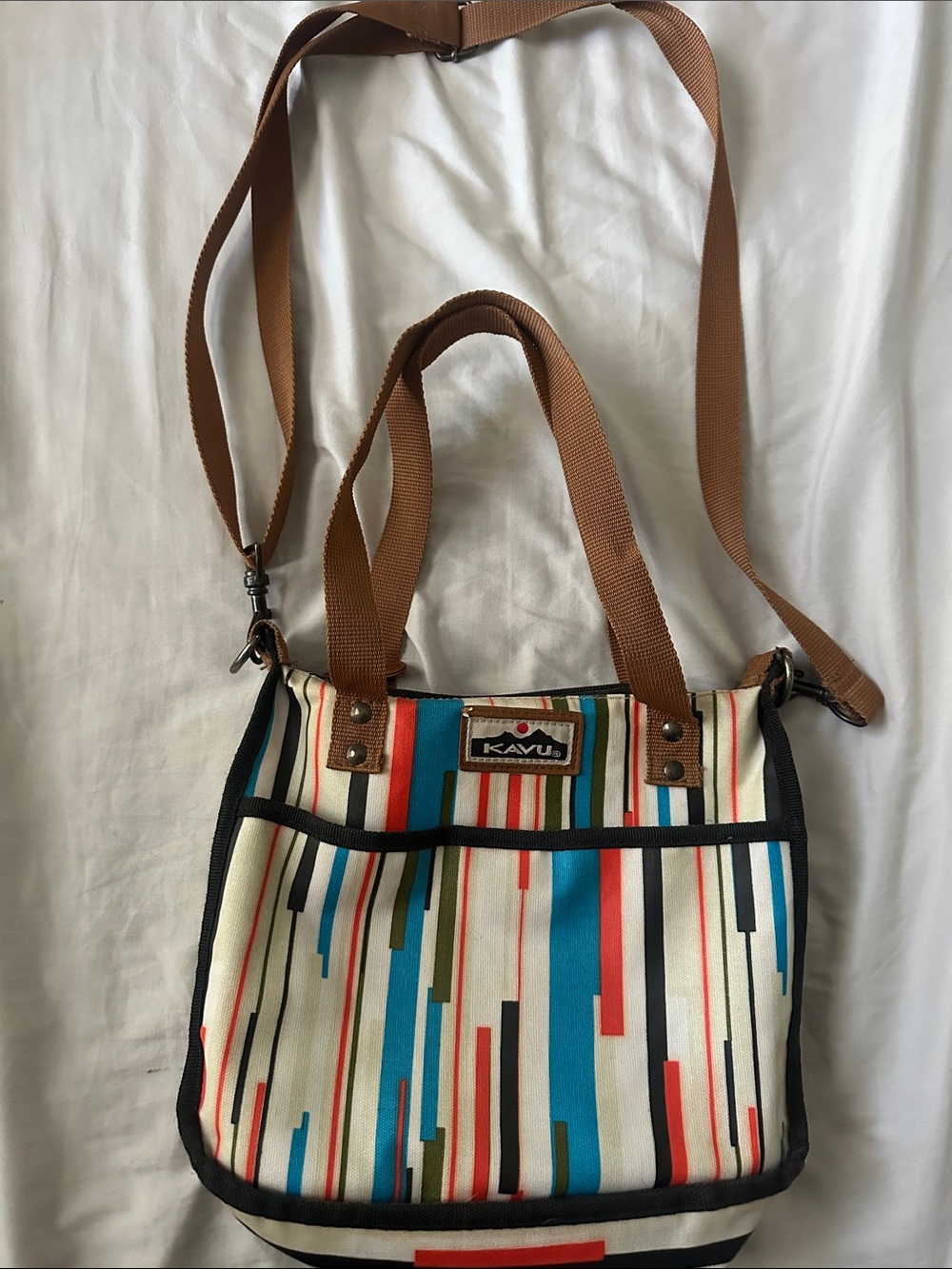 Kavu Cream Multicolor Striped Crossbody Bag with Brown Straps